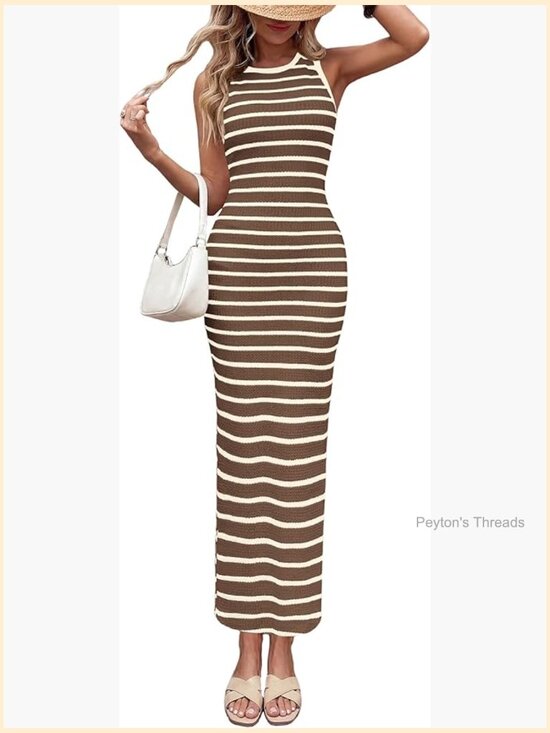 Dresses & Skirts - Striped Knit Bodycon Maxi Dress with Side Slit Summer Beach Vacation